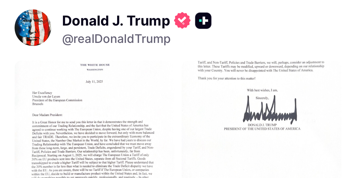 Droits de douane à 30% : que trouve-t-on dans la lettre de Trump à l'Europe