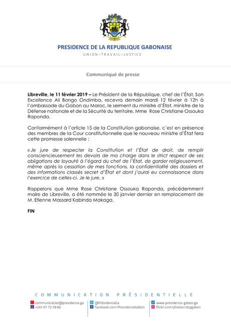 Communiqué présidence gabonaise