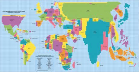 Carte du monde par anamorphose en fonction du nombre d'habitants par pays