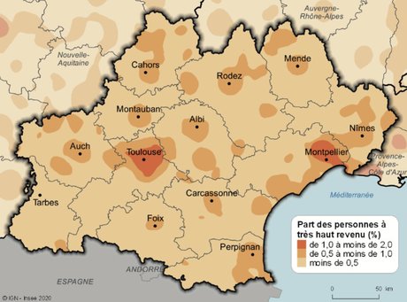 Carte d'Occitanie sur les hauts revenus