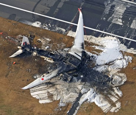 Vue de l'airbus a350 incendie de japan airlines (jal) apres une collision avec un avion des gardes-cotes japonais a l'aeroport international de haneda a tokyo