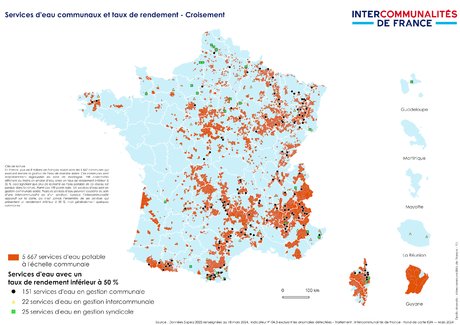 Carte des services d'eau communaux et de leur taux de rendement (mars 2024) établi par Intercommunalités de France