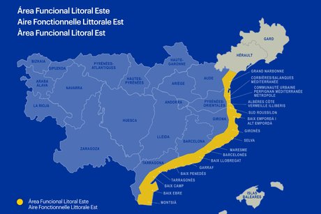 L'Aire fonctionnelle Littorale Est, qui couvre une zone s'étendant de l'Ebre en Catalogne jusqu'à l'Aude définie par l'Eurorégion Pyrénées-Méditerranée).