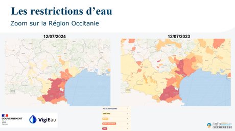 Carte des restrictions d'eau en Occitanie : comparaison au 12 juillet 2023 et 2024 (© Info Sécheresse).