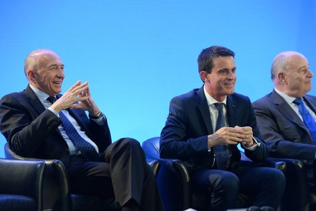 Gérard Collomb, maire de Lyon,  Manuel Valls, premier ministre, Jean Michel Baylet, ministre de l'amenagement du territoire