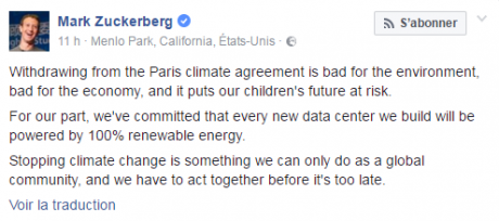 La réaction du patron de Facebook à la sortie de l'accord de Paris