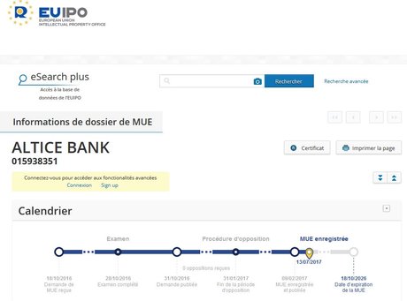 Altice Bank dépôt marque EUIPO
