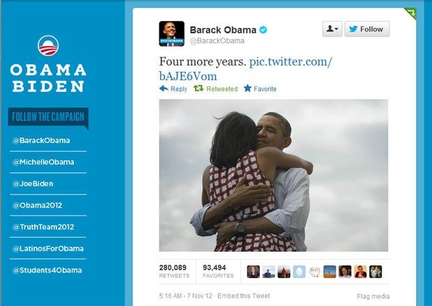 Le twitto d'Obama annonçant la victoire devenu en quelques minutes le premier message le plus retwe