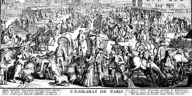 « Le Pont-Neuf vu du côté de la rue Dauphine », Nicolas Guérard (1715). Cette gravure donne à voir la diversité des moyens de déplacement des citadins au Siècle des Lumières : au premier plan, on distingue deux carrosses, une chaise à porteurs, des cavaliers, une charrette. Il est significatif que l’auteur ait tenu à représenter cette scène d’embarras sur l’une de ses artères les plus modernes équipées de trottoirs.  BNF