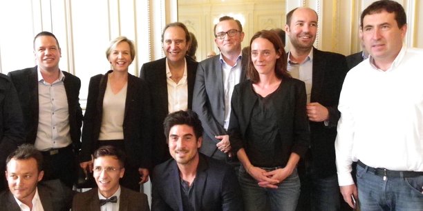 Julien Parrou-Duboscq, en haut à gauche à côté de Virginie Camels, lors de la venue en 2015 du patron de Free, Xavier Niel à French Tech Bordeaux.