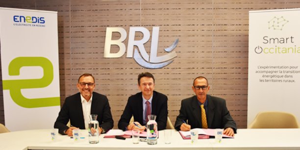 Didier Colin, directeur territorial d’Enedis dans le Gard, Jean-François Blanchet, directeur général du Groupe BRL, et Thierry Lafont, d’ACTIA Télécom.