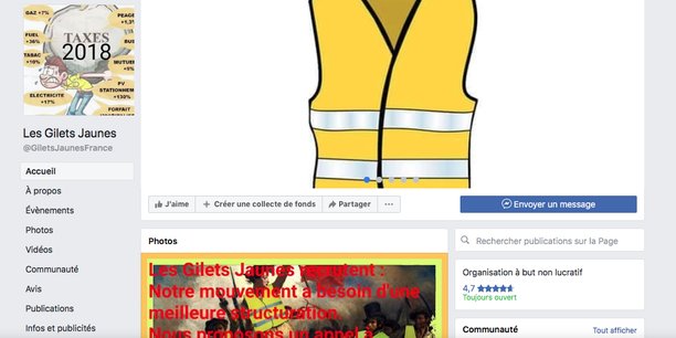 La page « Les Gilets Jaunes » (54.000 likes) diffuse des annonces de recrutement de militants et des tutoriels pour se protéger contre le gazage lors des manifestations.