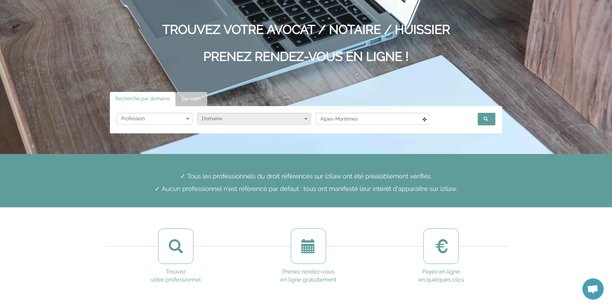 La plateforme française de prise de rendez-vous juridiques Izilaw référence plus de 200 professionnels du droit (avocat, notaire, huissier).