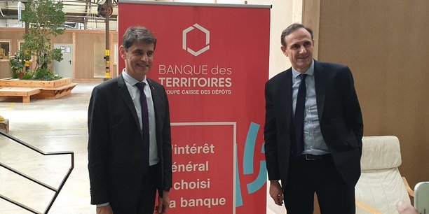 Thierry Ravot, directeur Occitanie de la CDC, et Olivier Sichel, président de la Banque des Territoires, lancent le dispositif au sein de la Halle Tropisme