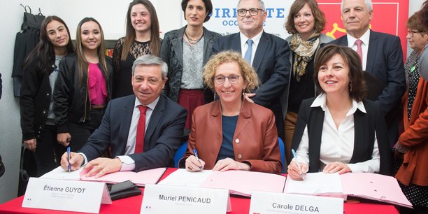Le préfet de l'Occitanie Etienne Guyot, la ministre du Travail Muriel Pénicaud, et la présidente de Région Carole Delga, pour la signature du PIC à Perpignan