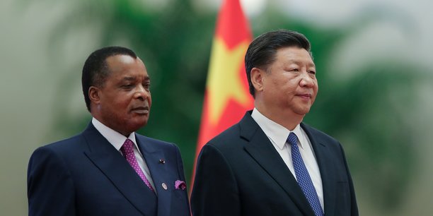 Le président chinois Xi Jinping et le président de la République du Congo, Denis Sassou Nguesso lors d'une cérémonie de bienvenue à Beijing en Chine, le 5 septembre 2018.