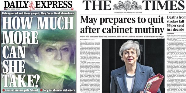 Combien peut-elle encore supporter ? titre le Daily Express avec une photo prise au zoom de la Première ministre les larmes aux yeux, tandis que le Times titre sur la rébellion de son gouvernement, la goutte de trop qui pourrait la conduire à jeter l'éponge, demain pense savoir  le quotidien britannique.