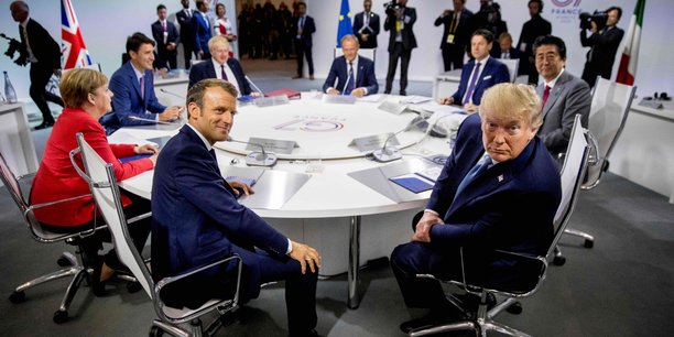 Réunion des dirigeants du G7 à Biarritz ce dimanche 25 août : Emmanuel Macron, Angela Merkel, Justin Trudeau, Boris Johnson, Donald Tusk (Conseil européen), Giuseppe Conte, Shinzo Abe, Donald Trump.