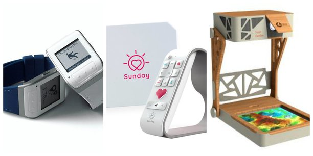 Les innovations développées en Nouvelle-Aquitaine pour le public senior par Vitalbase, Sunday Box et Ullo (de gauche à droite).
