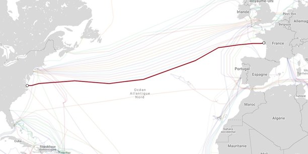 Dunant fait 6.600 km de long et relie la France aux Etats-Unis. Il doit être mis en service cette année. (Crédits: capture d'écran du site Telegeography)