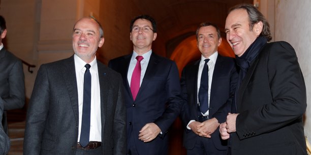 De gauche à droite: Stéphane Richard (PDG d'Orange), Olivier Roussat (DG délégué de Bouygues et président du conseil d'administration de Bouygues Telecom), Alain Weill (PDG d'Altice France/SFR) et Xavier Niel (propriétaire d'Iliad/Free).