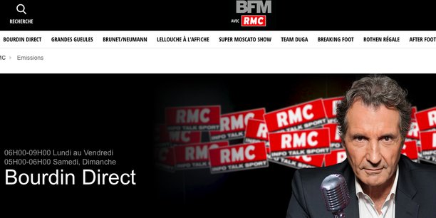 La page d'accueil du site de l'émission Bourdin Direct, la matinale animée par Jean-Jacques Bourdin sur la radio RMC.