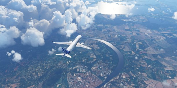 Un A320 Neo survolant Montpellier dans Microsoft Flight Simulator développé par Asobo Studio à Bordeaux.