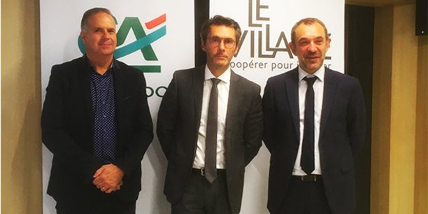 Olivier Chalon, représentant Inovexus, Thierry Boulbès, directeur général adjoint du Crédit Agricole du Languedoc, et Laurent Sassus, directeur du Marché entreprises et partenariats du Crédit Agricole du Languedoc.