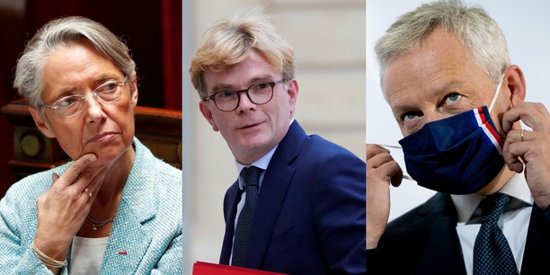 Dans l'ordre, de gauche à droite : Élisabeth Borne, ministre du Travail, Marc Fesneaux, ministre des Relations avec le Parlement et Bruno Le Maire, ministre de l'Économie.
