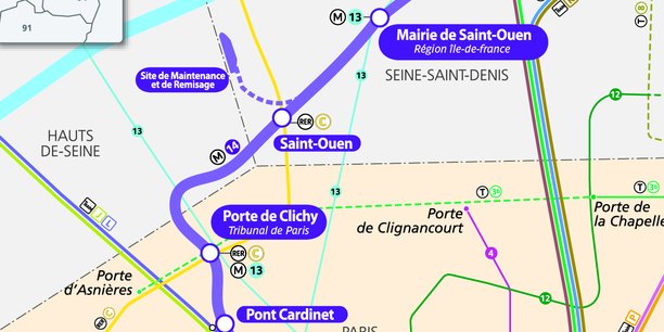Pont Cardinet et porte de Clichy dans le XVIIème arrondissement de Paris, ainsi que Saint-Ouen et Mairie de Saint-Ouen sont les nouvelles gares de la ligne 14 du réseau de métro parisien.
