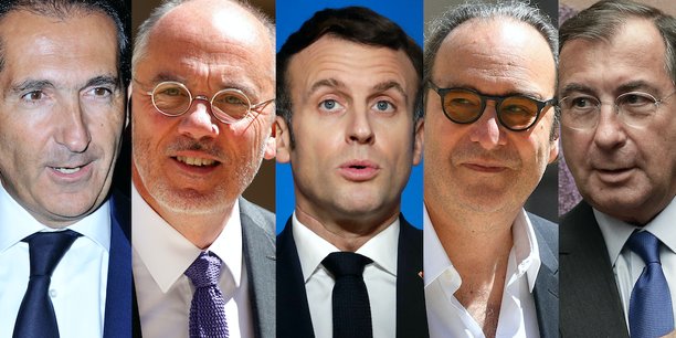 De gauche à droite: Patrick Drahi (Altice/SFR), Stéphane Richard (Orange), Emmanuel Macron, Xavier Niel (Iliad/Free) et Martin Bouygues (Bouygues Telecom).