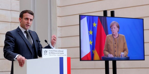 Photo d'illustration : le président français Emmanuel Macron et la chancelière allemande Angela Merkel lors d'une vidéoconférence franco-allemande du Conseil de sécurité à l'Élysée à Paris, France, le 5 février 2021.