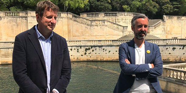 Yannick Jadot et Antoine Maurice à Nîmes, le 4 mai 2021, pour présenter les représentants gardois de la liste EELV aux régionales en Occitanie.
