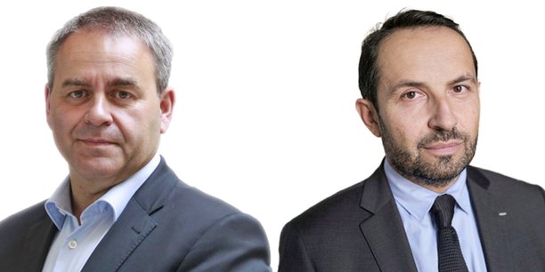 Si le président sortant, Xavier Bertrand (à gauche), soutenu par la droite, est donné gagnant dans les sondages, il est talonné par le candidat du Rassemblement national, Sébastien Chenu.