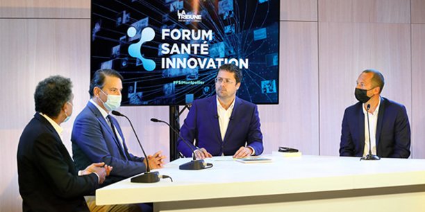 Le Forum Santé Innovation de Montpellier, 18 mai 2021, accueillait sur une première table ronde animée par Guillaume Mollaret (au centre) Jean-Marc Holder (SeqOne), Philippe Nérin (SATT AxLR) et Jean-Christophe Zerbini (GIP e-santé Occitanie).