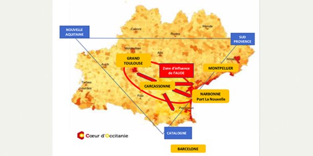 La démarche Coeur d'Occitanie veut développer l'axe qui relie Toulouse à la mer, dans le triangle d'or qui relie l'Aquitaine, la Provence et la Catalogne, des régions prospères et actives.