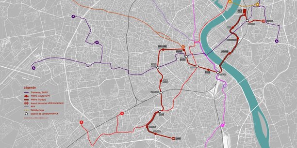 En rouge foncé, le tracé de 19 km et 18 stations de la ligne de métro à deux milliards d'euros proposé par Métro de Bordeaux à l'horizon 2035.