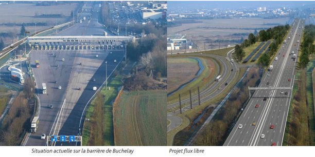 Photomontage de la barrière de péage de Buchelay, en Île-de-France, avant et après les travaux.