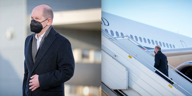 Depuis la zone militaire de l'aéroport de Berlin, le chancelier allemand Olaf Scholz monte dans l'Airbus A340 de l'Armée de l'air qui l'emmènera à Kiev pour des entretiens sur la crise ukrainienne avec le président Volodimir Zelenski. Puis, le lendemain, il se rendra en Russie pour des pourparlers avec le président Vladimir Poutine.