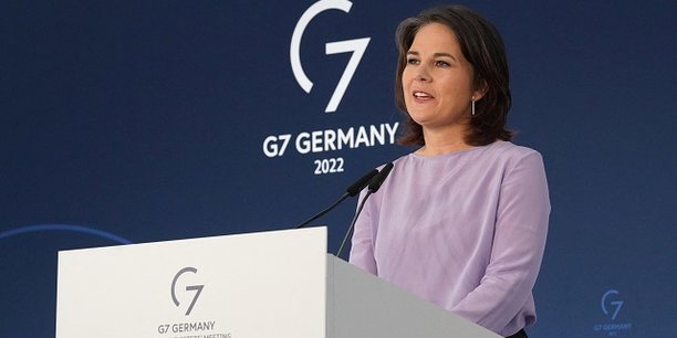 La ministre des Affaires étrangères allemande Annalena Baerbock lors d'un point presse à l'issue du sommet du G7 ce samedi 14 mai organisé en Allemagne.