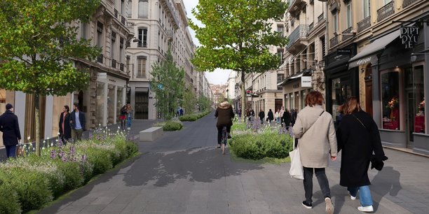 Voici une des versions proposées : une rue Herriot complètement piétonnisée. Où les transports en communs et les voitures ont disparus. Une autre option propose de ne garder que les transports en commun.