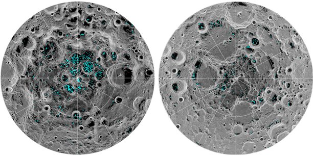 L’eau est l’une des ressources les plus précieuses sur la Lune et se trouve principalement dans les cratères du pôle sud (gauche) et du pôle nord (droite). Les zones de glace de surface sont en bleu. NASA