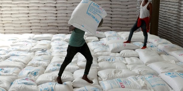 Des ouvriers dechargent des sacs de cereales provenant de l'aide alimentaire envoyee d'ukraine a l'entrepot du programme alimentaire mondial (wfp) dans la ville d'adama, en ethiopie[reuters.com]