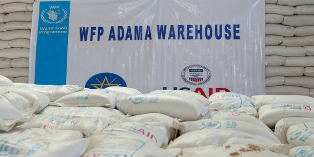 Des sacs de céréales en provenance de l'Ukraine sont entreposés au début du mois de septembre dans un hangar à Adama en Ethiopie, dans le cadre du World Food Program (WFP), le Programme alimentaire mondiale (PAM) de l'Onu.