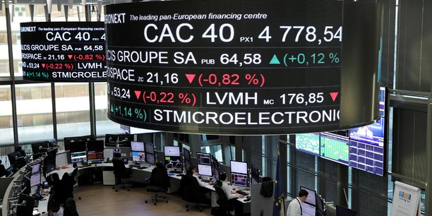 Le cours de l'indice cac 40 affiche sur des ecrans a la bourse de paris[reuters.com]