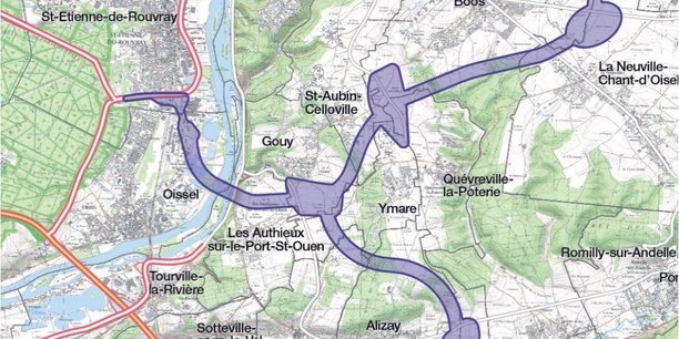 Vue de la partie centrale du projet de tracé de cette section à péage de 41 kilomètres de contournement Est de Rouen qui doit relier les autoroutes A28 et A13. Dans le détail, cette liaison autoroutière à 2×2 voies relierait l’A28 au nord à l’A13-A154 près d’Incarville au sud, et intégrerait une branche reliant le sud de l’agglomération rouennaise à la hauteur de Saint-Etienne-du-Rouvray. (Voir les trois parties du tracé à l'intérieur de l'article)