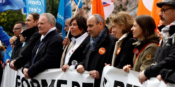 Les leaders syndicaux lors du défilé du premier mai, à Paris.
