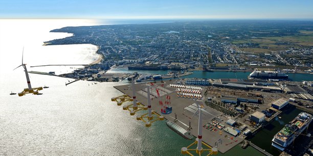 Projection du projet Eole à Saint-Nazaire  où le port de Nantes Saint-Nazaire entend investir près de 200 millions d'euros pour permettre le développment d'une filière dédiée à l'éolien flottant.   © F.Badaire -vue 3D Jacques Rouzeval