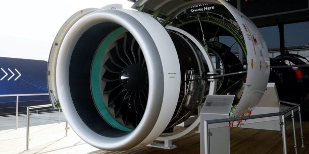 Un modèle de moteur GTF de Pratt & Whitney exposé lors de la 54e édition du salon international de l'aéronautique du Bourget le 20 juin 2023.
