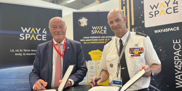 Way4Space a signé, en juin 2023, un partenariat avec le Commandement de l’Espace. Alain Rousset, président de la Région Nouvelle-Aquitaine, président de Way4Space et le Général Philippe Adam, Commandant de l’Espace.